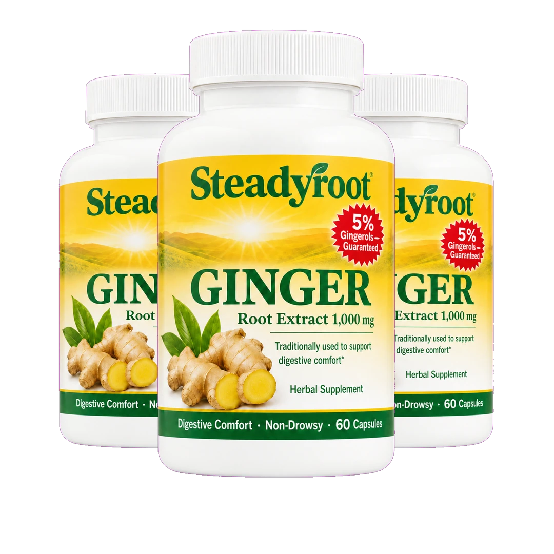 Three bottles of Steadyroot Ginger