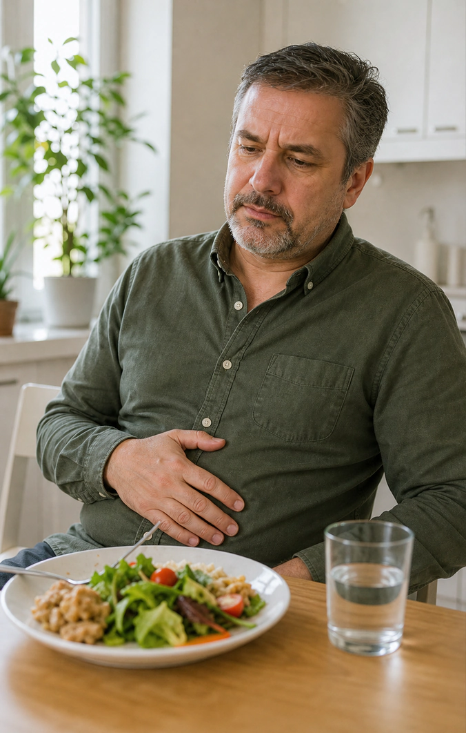 Man noticing post-lunch heaviness at the table