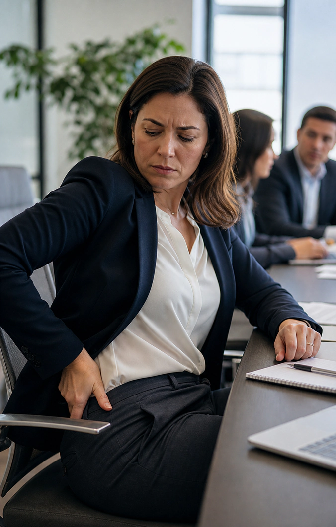 Professional discreetly adjusting her waistband during a 3 PM meeting