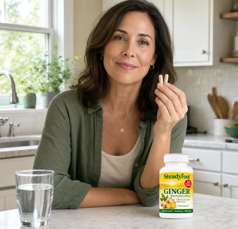 Steadyroot capsules beside a meal